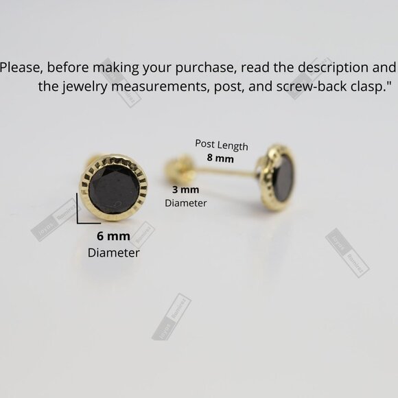 14K Solid Gold Round Black CZ Stud Earrings • 6mm Feminine & Elegant Design. - Picture 7 of 7